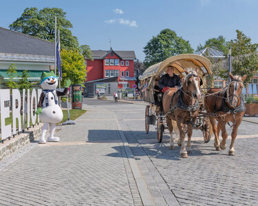 Schneemann Flocke winkt an einem sonnigen Tag in Oberhof einer vorbeifahrenden Pferdekutsche.