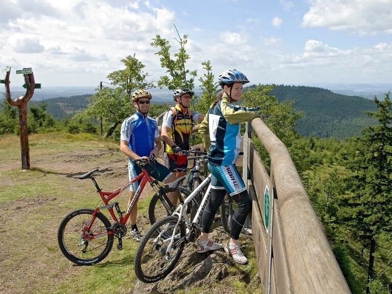 Mountainbike Gruppe genießt Aussicht über den Thüringer Wald
