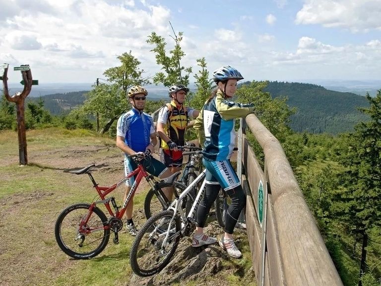 Mountainbike Gruppe genießt Blick über Thüringer Wald, Urlaub in Oberhof