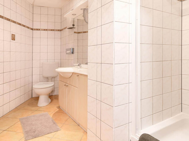 Helles Duschbad im Econmy Zimmer des Hotels.