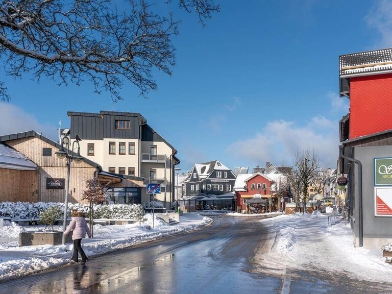 Blick in den winterlichen Stadtkern mit Oberen Hof, Quartier Sanssouci und Haus Vergißmeinnicht.